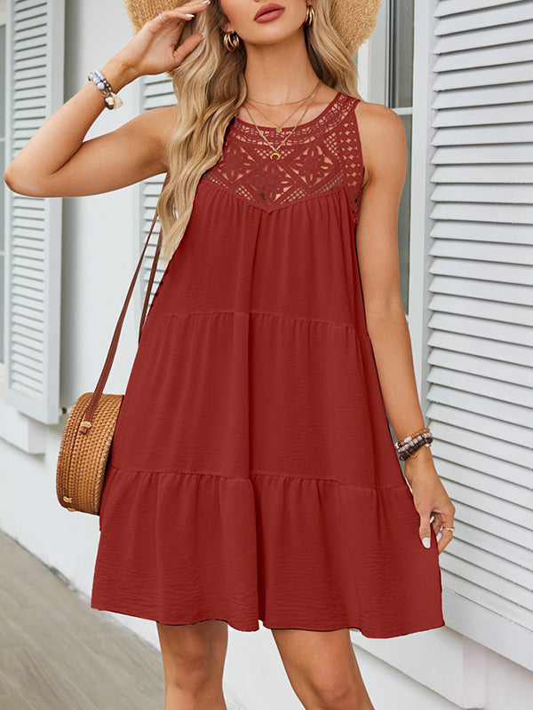 Hollow Pleated Solid Color Split-Joint A-Line Loose Round-Neck Mini Dresses