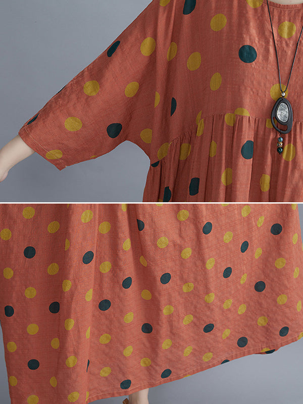 Artistic Retro Vintage Polka-Dot Loose Pleated Midi Dress