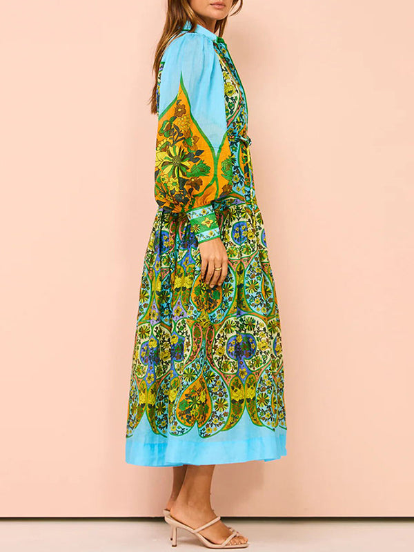 Belted Floral Printed High Waisted Loose Lapel Midi Dresses