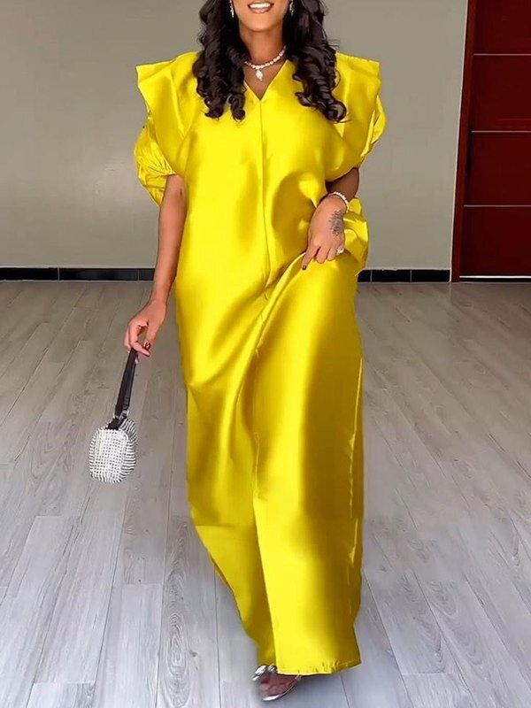 Elasticity Pleated Solid Color Split-Front Half Sleeves Loose V-Neck Maxi Dresses