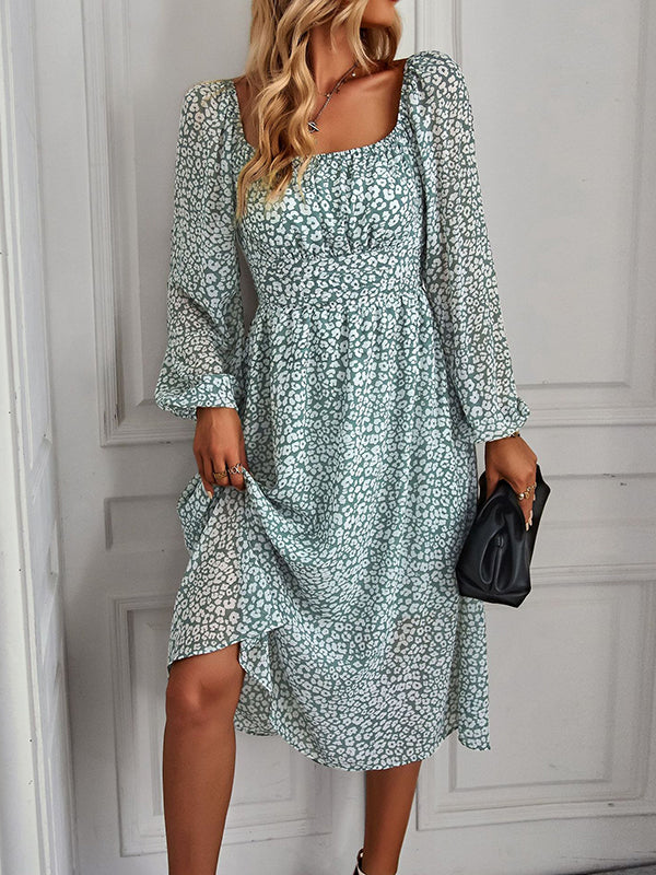 Vacation Loose Long Sleeves Floral Printed U-Neck Midi Dress