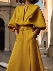 Half Sleeves Loose Belted Solid Color Deep V-Neck Maxi Dresses