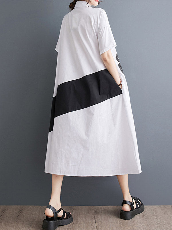 Asymmetric Buttoned Flower Print A-Line Loose Lapel Shirt Dress Midi Dresses