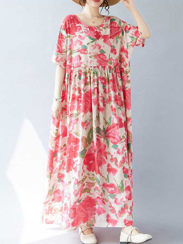 Flower Print Pleated Split-Joint A-line Batwing Sleeves Round-neck Midi Dresses