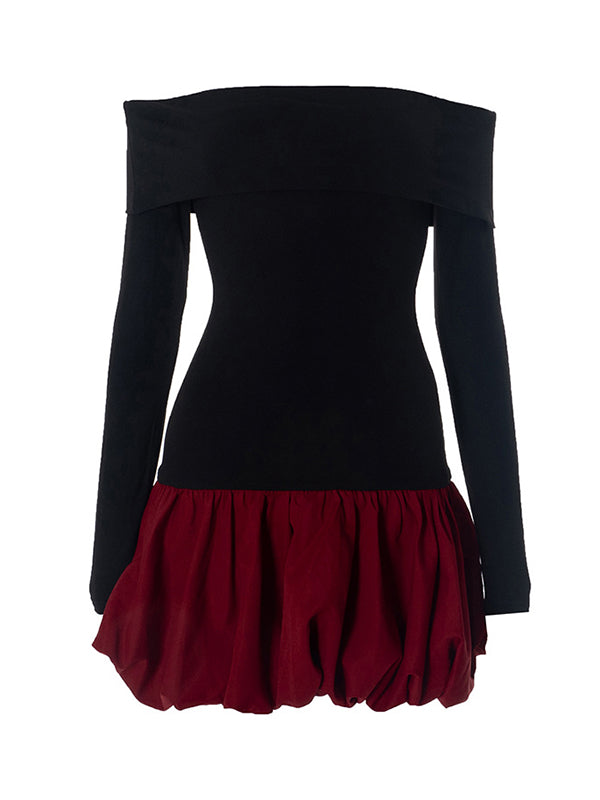 Contrast Color Pleated Split-Joint High Waisted Long Sleeves Off-The-Shoulder Mini Dresses