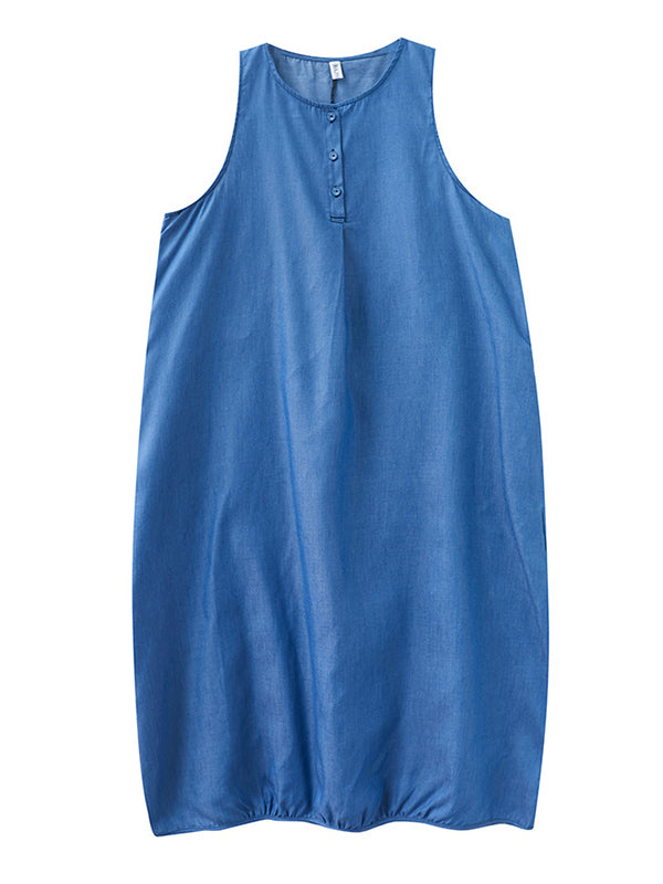 Simple Denim Blue Round-Neck Buttoned Sleeveless Midi Dress