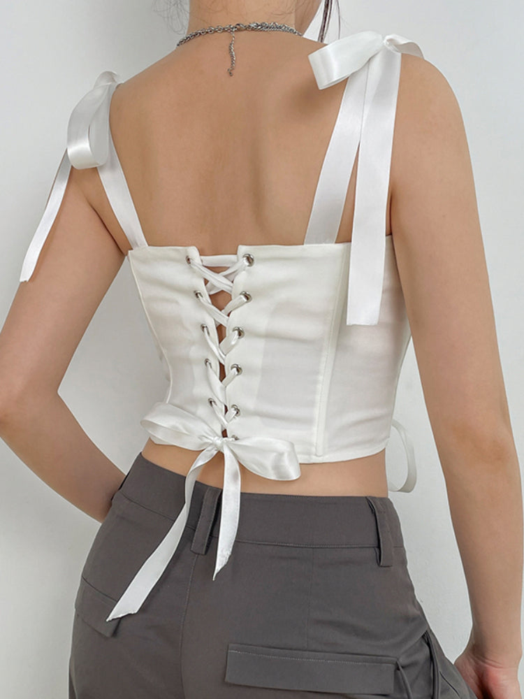 White Lace Up Sleeveless Halter Top