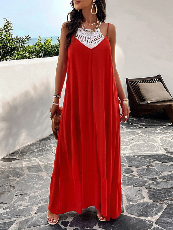 Pleated Solid Color Split-Joint Loose Sleeveless Spaghetti-Neck Maxi Dresses