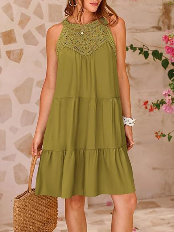 Hollow Pleated Solid Color Split-Joint A-Line Loose Round-Neck Mini Dresses