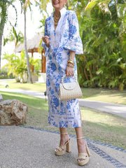 Flower Print Split-Joint Split-side Flared Sleeves Loose Deep V-Neck Midi Dresses