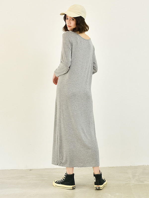 Simple Long Sleeves Loose Solid Color Round-Neck Midi Dresses