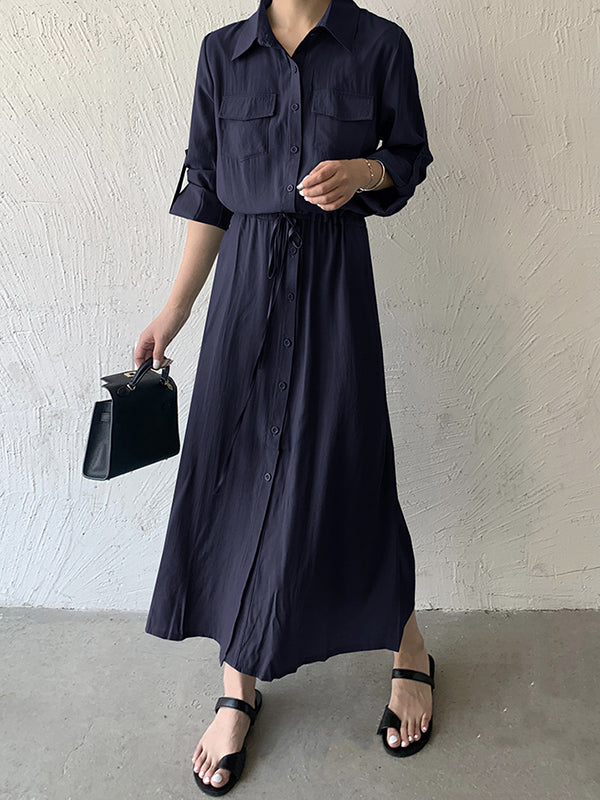 Casual A-Line Long Sleeves Bandage Solid Color Lapel Collar Shirt Midi Dresses