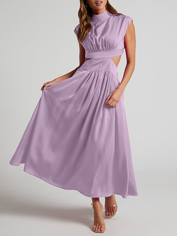 Belly-Hollow Pleated Solid Color Cap Sleeve Stand Collar Maxi Dresses