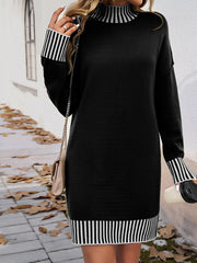 Contrast Color Split-Joint Long Sleeves Loose Mock Neck Sweater Dresses Mini Dresses