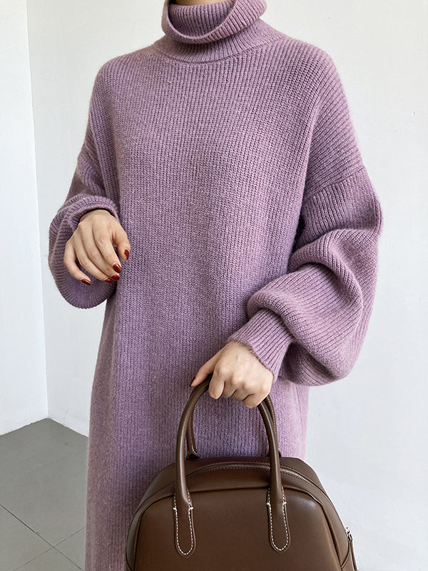 Urban Loose Puff Sleeves Solid Color High-Neck Sweater Dresses