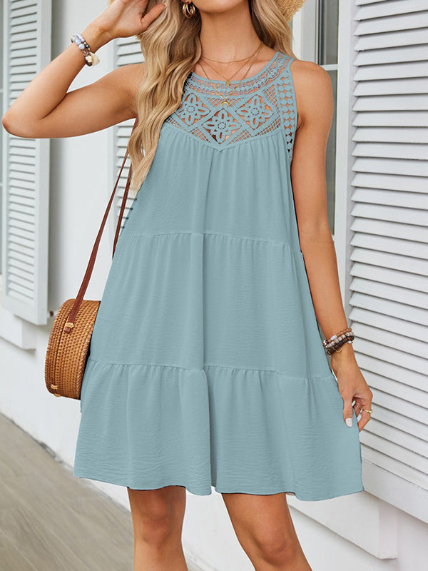 Hollow Pleated Solid Color Split-Joint A-Line Loose Round-Neck Mini Dresses