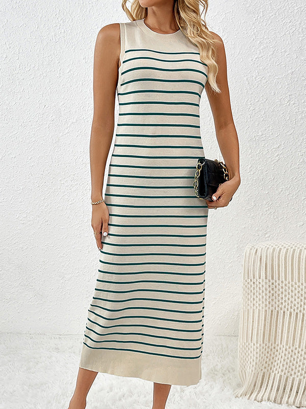 Striped Loose Sleeveless Round-Neck Midi Dresses Knit Dresses