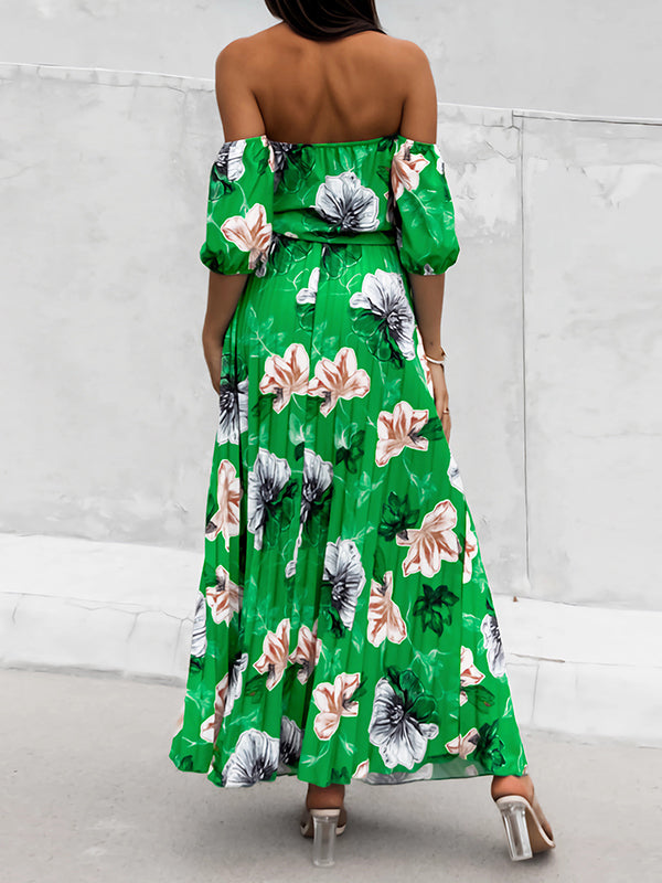 Elasticity Flower Print Pleated Split-Joint Tied Waist A-Line Loose Off-The-Shoulder Maxi Dresses