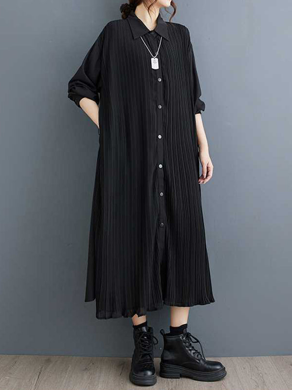 Buttoned Pleated Pockets Split-Joint A-Line Long Sleeves Lapel Shirt Dress Midi Dresses