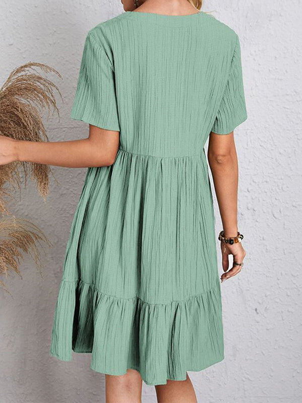 Pleated Solid Color Split-Joint A-line Loose V-neck Mini Dresses