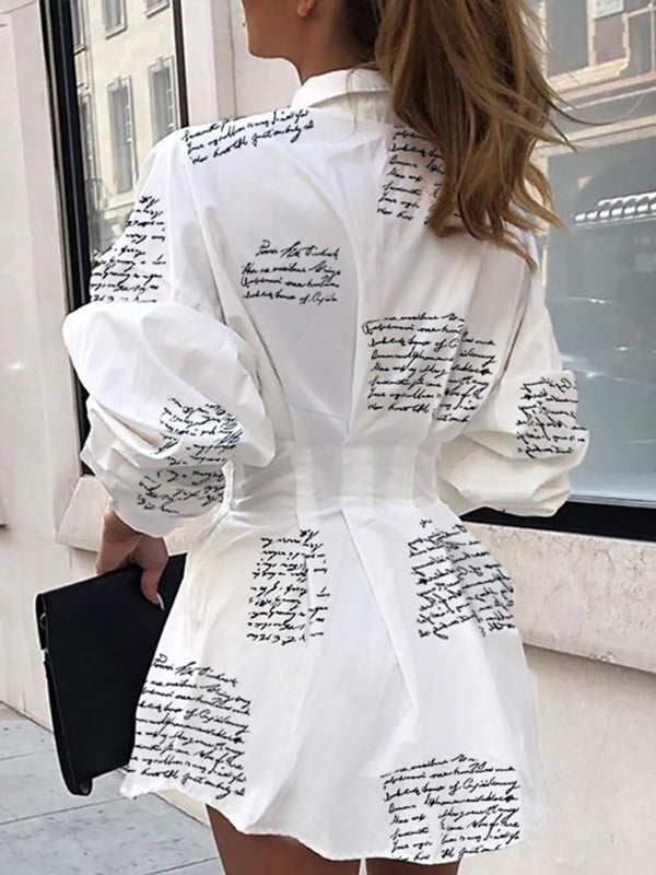 Letter Print Pleated Split-Joint Long Sleeves Loose Lapel Shirt Dress Mini Dresses