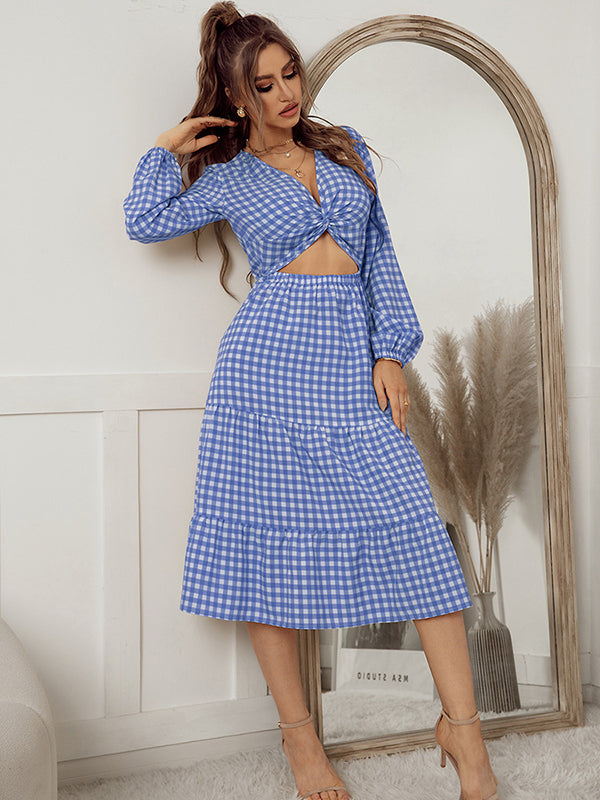 Vacation A-Line Plaid Hollow Midi Dresses