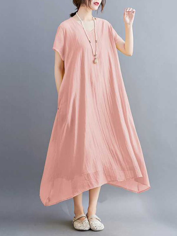 Solid Color A-Line Loose V-Neck Midi Dresses