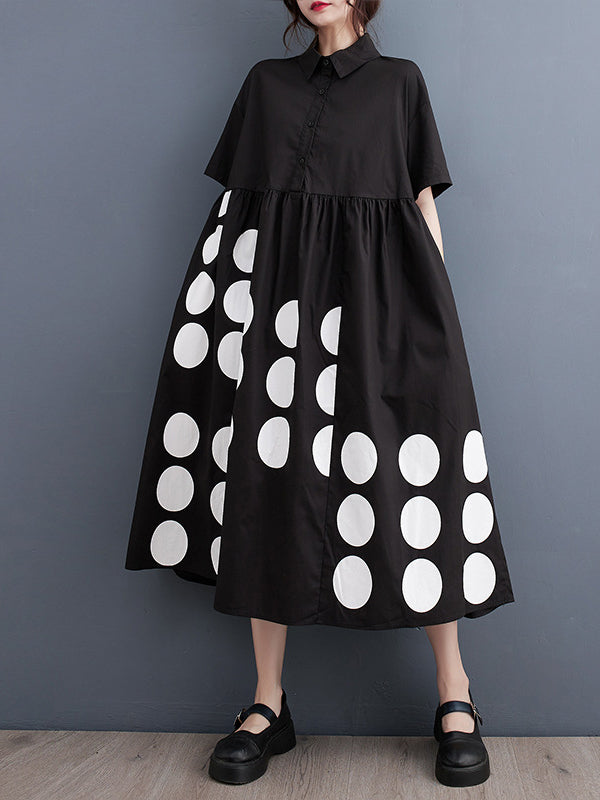 Buttoned Pockets Polka Dot Printed A-line Loose Lapel Midi Dresses