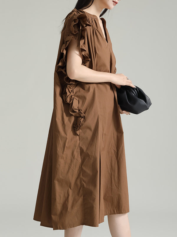 Adjustable Drawstring Pleated Solid Color Loose Raglan Sleeve V-Neck Shirt Dress Midi Dresses