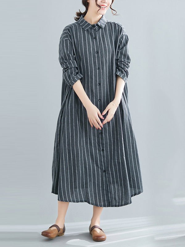 Simple Striped Buttoned Lapel Long Sleeves Shirt Dress
