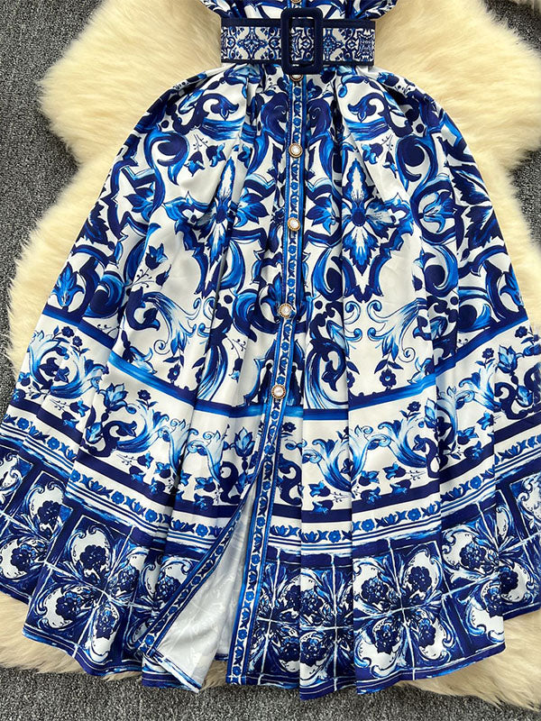 Belt Buckle Buttoned Contrast Color Floral Printed Sleeveless Midi Dresses