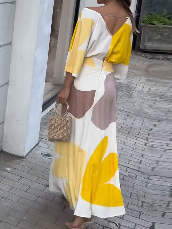 High-Waisted Printed Loose Raglan Sleeve Deep V-Neck Maxi Dresses