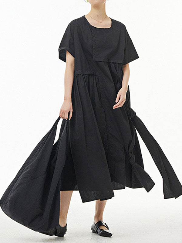 Solid Color Streamer Loose Short Sleeves Round-neck Midi Dresses