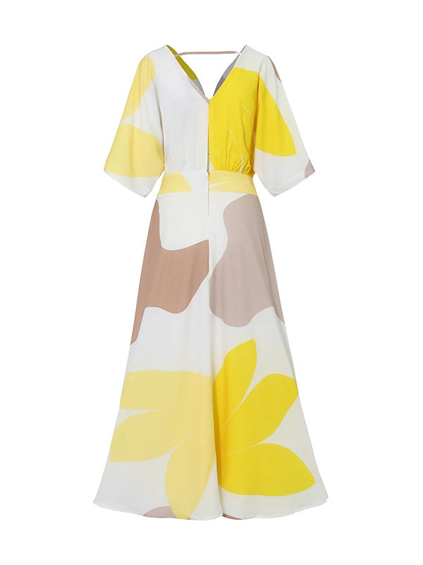 High-Waisted Printed Loose Raglan Sleeve Deep V-Neck Maxi Dresses