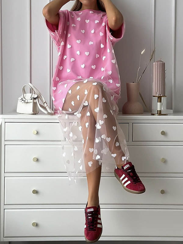 Heart Print Mesh See-Through Split-Joint Loose Short Sleeves Round-Neck Midi Dresses