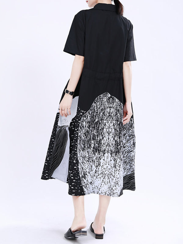 Contrast Color Drawstring Printed Tied Waist Loose Short Sleeves Lapel Shirt Dress Midi Dresses