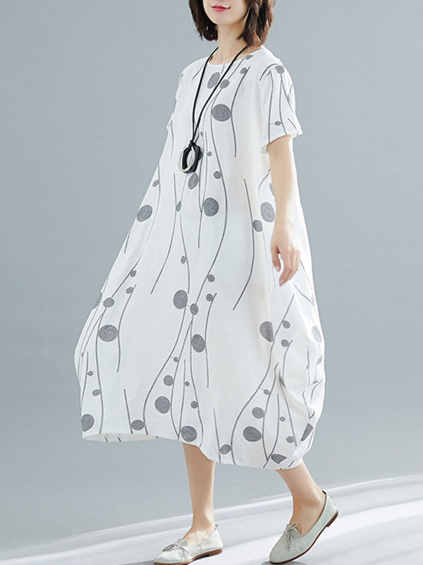 Printed Loose Short Sleeves Round-neck Midi Dresses