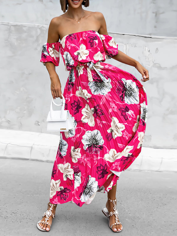Elasticity Flower Print Pleated Split-Joint Tied Waist A-Line Loose Off-The-Shoulder Maxi Dresses