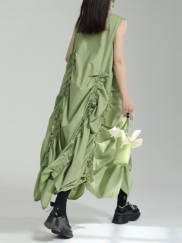 Asymmetric Elasticity Pleated Solid Color Loose Sleeveless Round-Neck Midi Dresses