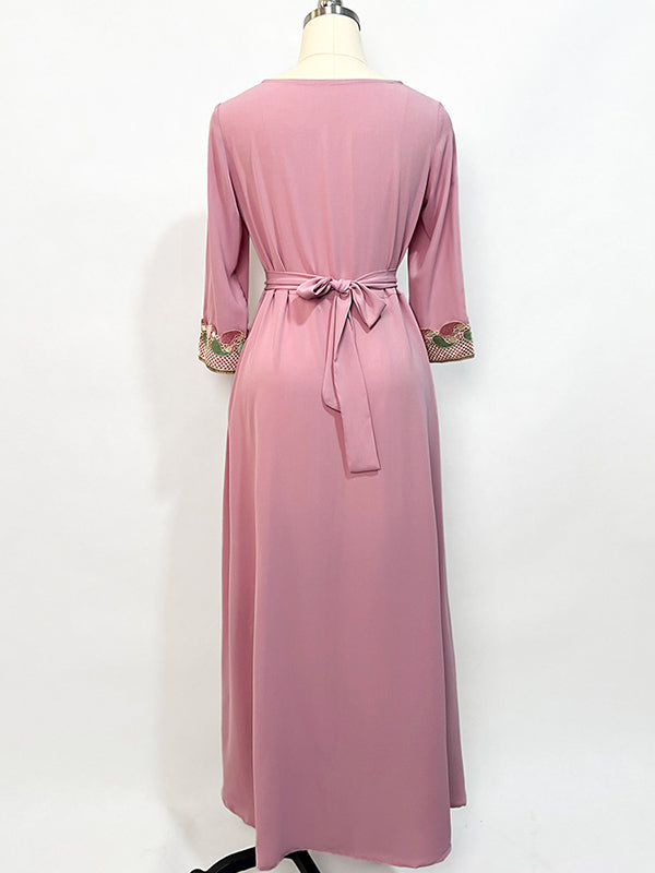 Vacation A-Line Loose Solid Color Patchwork V-Neck Dress
