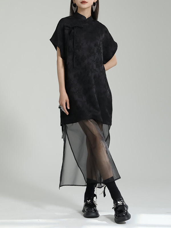 Gauze Jacquard Solid Color False Two Short Sleeves Stand Collar Midi Dresses Long Cheongsams