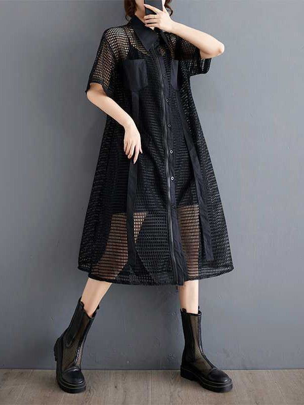 Hollow Solid Color Split-Joint Zipper Half Sleeves Loose Lapel Shirt Dress Midi Dresses
