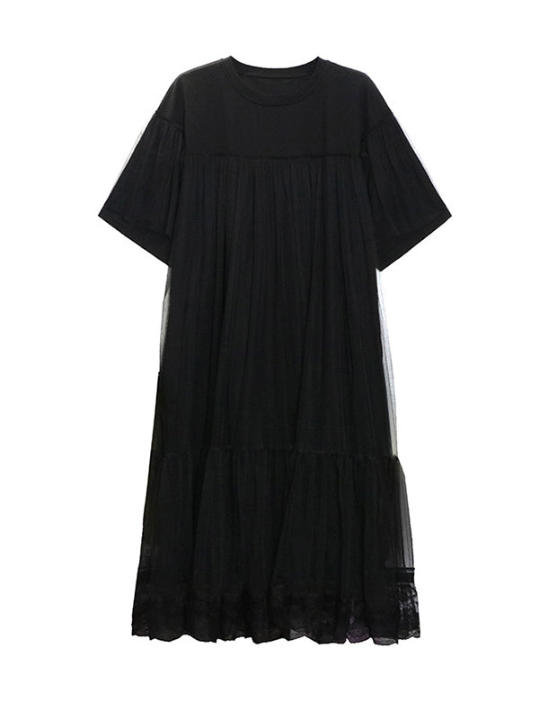 Gauze Pleated Solid Color Split-Joint Tiered Fake Two-Piece Loose Round-Neck Midi Dresses