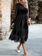 Elasticity Jacquard Solid Color Split-Joint A-Line Bishop Sleeve Round-Neck Midi Dresses