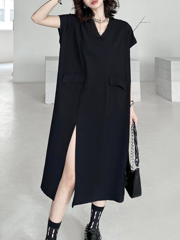 Asymmetric Solid Color Split-Joint Split-Side Loose Short Sleeves V-Neck Midi Dresses