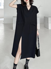 Asymmetric Solid Color Split-Joint Split-Side Loose Short Sleeves V-Neck Midi Dresses