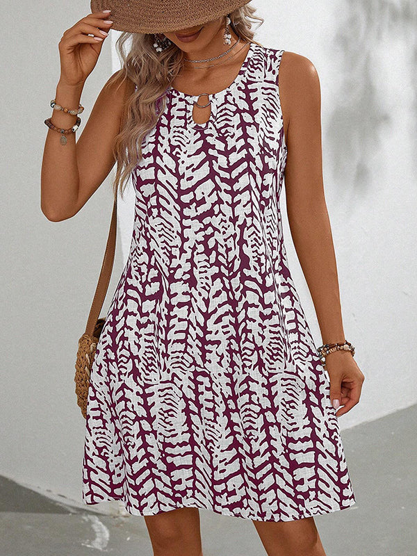 Hollow Printed A-line Loose U-neck Mini Dresses