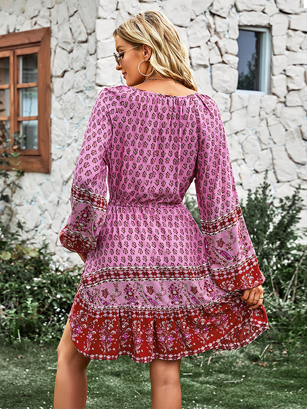 Bohemia A-Line Floral Printed V-Neck Dress