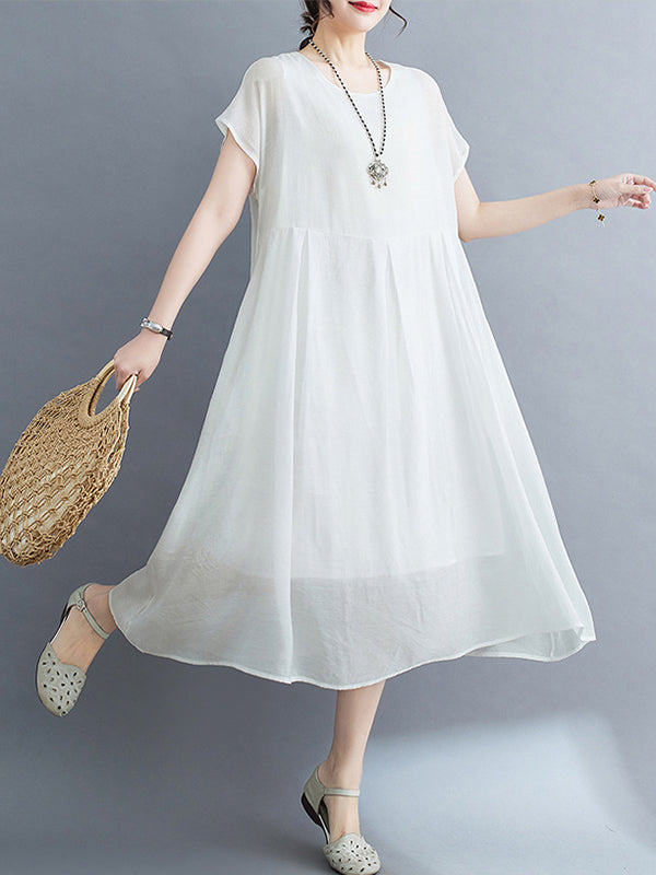 Solid Color Split-Joint Loose Short Sleeves Round-neck Midi Dresses