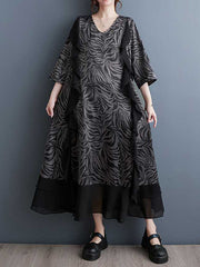 Ruffled Split-Joint Zebra-Stripe A-Line Batwing Sleeves V-Neck Midi Dresses
